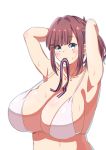 1girl adjusting_hair armpits arms_behind_head big_breasts bikini bikini_top breasts brown_hair eyebrows_visible_through_hair green_eyes high_resolution huge_breasts long_hair looking_at_viewer mouth_hold nanohana_linestamp nijisanji plain_background shiny shiny_skin suzuhara_lulu swimsuit upper_body very_high_resolution virtual_youtuber white_background