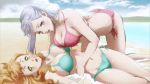 2_girls ass bikini black_clover blush breasts brown_hair long_hair medium_breasts mimosa_vermillion noelle_silva purple_hair swimsuit water wet yuri