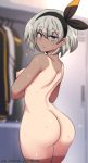  1girl artist_name ass bangs bea_(pokemon) black_hair_ornament black_hairband blue_eyes blurry blurry_background breasts cowboy_shot dark_skin eyebrows_visible_through_hair from_behind grey_hair gym_leader hairband high_resolution hinghoi indoors looking_at_viewer medium_breasts nipples nude one-piece_tan pokemon pokemon_(game) pokemon_sword_&amp;_shield short_hair tan_line tanned watermark web_address 