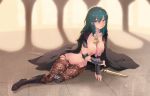 1girl arm_support armor bangs black_armor black_cape black_footwear black_legwear blurry blurry_background blush boots breasts byleth_(fire_emblem) byleth_(fire_emblem)_(female) cait cape cowboy_shot detached_collar emblem eyebrows_visible_through_hair fire_emblem fire_emblem:_fuukasetsugetsu green_eyes groin hair_between_eyes hand_in_hair hand_up high_resolution knee_boots large_filesize long_hair looking_at_viewer medium_breasts naked_cape navel nipples paid_reward pantyhose patreon_reward patterned_clothing shoulder_armor sidelocks sitting smile sword tassel teal_hair very_high_resolution weapon wrist_guards yokozuwari