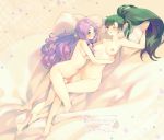 1girl 2_girls artist_name bed blush breasts completely_nude erect_nipples fire_emblem fire_emblem:_the_blazing_blade florina green_hair lying lyndis magical_ondine multiple_girls nipples nude one_eye_closed ponytail purple_hair tied_hair twitter_username wink yuri