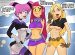 3_girls badspider cameltoe crop_top dat_ass dc dc_comics dcau fellatio_gesture female_only innuendo jinx multiple_girls nervous panties shitapai short_shorts speech_bubble starfire teen_titans terra text tongue tongue_out under_boob underboob