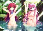  1girl 2_girls amitie_florian fujima_takuya green_eyes high_resolution kyrie_florian large_filesize long_hair lyrical_nanoha mahou_shoujo_lyrical_nanoha multiple_girls nipples nude pink_hair purple_eyes red_hair third-party_edit very_high_resolution water 