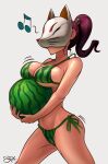 alluring bikini deviantart fox_mask fruit holding_watermelon kewminus kitsune_mask kunimitsu kunoichi mask motion_lines musical_note namco printed_bikini signature tekken tekken_1 tekken_2 tekken_tag_tournament tekken_tag_tournament_2 watermelon watermelon_bikini