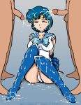  1girl 2boys ami_mizuno bishoujo_senshi_sailor_moon blue_boots blue_skirt boots breasts bukkake choker clothed_female_nude_male cum cum_covered cum_on_boots cum_on_breasts cum_on_cheeks cum_on_chin cum_on_clothes cum_on_face cum_on_hair cum_on_skirt elbow_gloves erection female gloves male/female mizuno_ami nipple_outline panties penis s2x sailor_mercury sailor_moon serafuku short_hair sitting skirt standing tiara underwear upskirt white_panties 