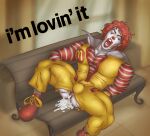  ass ass_out clown clown_makeup clown_nose clown_shoes cum cum_drip cum_dripping cum_in_ass cum_inside digital_media_(artwork) excessive_cum mcdonald&#039;s on_bench parapop partially_clothed pleasure_face red_hair ronald_mcdonald slogan striped_clothes striped_clothing text 