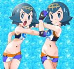 2_girls 2girls alternate_costume blue_hair cosplay female female_human game_freak impossible_clothes lana lana_(pokemon) minishorts nessa_(pokemon) nintendo pokemon short_hair shorts suiren_(pokemon)