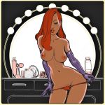 1girl breasts female female_only glasses gloves hair_over_one_eye jessica_rabbit long_gloves mostly_nude nipples no_bra pulling_panties_down pussy red_hair redhead solo standing thighs who_framed_roger_rabbit