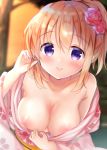 1girl areolae bare_shoulders clavicle cleavage closed_mouth clothes_pull gochuumon_wa_usagi_desu_ka? hair_flower hair_ornament hoto_cocoa kimono looking_at_viewer medium_breasts orange_hair purple_eyes rikatan sidelocks upper_body wafuku