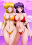  2_girls 2girls aino_minako alluring bikini bikini_pull bikini_pulling bishoujo_senshi_sailor_moon breasts female female_only hino_rei long_hair looking_at_viewer minako_aino mostly_nude nipples one_eye_closed rei_hino sailor_mars sailor_moon sailor_venus side-tie_bikini_bottom standing thigh_gap yuri zel-sama 