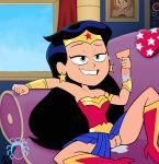 1girl after_masturbation biting_lip black_hair boots clothed dc dc_comics dildo earrings edit female female_only holding_dildo indoors pussy pussy_juice skirt skirt_lift solo spread_legs spunkbug tagme teen_titans_go vaginal_juices wonder_woman