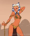 1girl ahsoka_tano alien alien_girl blue_eyes breasts chain collar curvy female female_alien female_only izra jedi looking_at_viewer orange_skin sexy slave_bikini slave_collar solo standing star_wars togruta