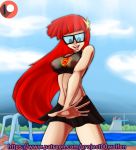 1girl bare_stomach bespectacled breasts female female_only glasses johnny_test long_hair looking_at_viewer outdoor outside pool project00wolfen red_hair redhead see-through solo standing susan_test swimming_pool swimsuit transparent