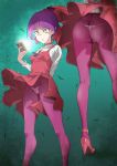  1_girl 1girl ass clothed female female_only gegege_no_kitaro high_heels multiple_views nekomusume nekomusume_(gegege_no_kitarou_6) panties panties_under_pantyhose purple_hair short_hair smartphone solo standing underwear upskirt 