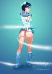 1girl 2015 ami_mizuno ass bishoujo_senshi_sailor_moon blue_boots blue_eyes blue_skirt boots choker clothed elbow_gloves female female_only g-string gloves kneepits legs looking_at_viewer mizuno_ami mstivoy mstivoy_(artist) panties sailor_mercury sailor_moon serafuku short_hair skirt skirt_lift solo tiara underwear