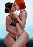  2_girls 2girls bra closed_eyes dark_hair dragon_age embrace female female_only josephine kissing legs leliana necklace orange_hair outside panties redhead standing thighs touching ynorka_(artist) yuri 