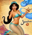 1girl aladdin_(series) arab black_hair bra breasts calendar clothed disney earrings female female_human genie_(aladdin) human jewelry kiss_mark lipstick looking_at_viewer magic_carpet magic_lamp nszerdy panties princess_jasmine see-through sexy slut