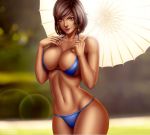 1girl big_breasts bikini breasts cleavage dark_hair egyptian flowerxl front_view hips looking_at_viewer milf outside overwatch pharah_(overwatch) sexy slut standing umbrella