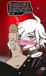  2boys bedroom_eyes blush caffiend danganronpa dialogue drooling imminent_fellatio izuru_kamukura licking male_only male_pov malesub nagito_komaeda thick_penis yaoi 