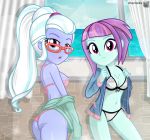 2_girls 2girls ass bespectacled bikini bra charliexe equestria_girls female female_only friendship_is_magic glasses indoors long_hair looking_at_viewer mostly_nude my_little_pony panties short_hair standing sugarcoat sunny_flare swimsuit