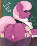 1girl anus ass chalkboard cheerilee cheerilee_(mlp) classroom clothed cutie_mark earth_pony female female_only female_teacher friendship_is_magic garter_straps green_eyes indoors looking_at_viewer my_little_pony no_panties open_mouth pony presenting_hindquarters pussy skirt solo standing stockings tail teacher upskirt