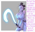 1girl big_breasts lightsaber star_wars text upset