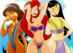  3_girls 3girls aladdin_(series) arab bikini black_hair breasts brunette caucasian chinese crossover dark_skin disney earrings fa_mulan female_human female_only human jewelry long_hair looking_at_viewer mulan outside princess_ariel princess_jasmine red_hair redhead seashell_bikini sling_bikini smile standing the_little_mermaid 