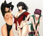  1girl 3_girls animal_ears arms_behind_head arms_up big_breasts black_hair breasts cat_girl cleavage earrings jewelry kali_belladonna long_hair looking_at_viewer multiple_girls navel nekomimi nipples no_pants panties panty_pull ponytail purple_eyes purple_hair raven_branwen red_eyes rwby short_hair sinccubi smile smirk tied_hair tongue tongue_out underwear yellow_eyes 