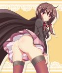 1girl 1girl 1girl ass black_shirt blush braid breasts brown_hair cape crown_braid from_behind hair_ornament hair_ribbon kono_subarashii_sekai_ni_shukufuku_wo! long_sleeves looking_at_viewer looking_back medium_hair nopan pink_skirt red_eyes red_legwear red_thighhighs ribbon shirt skirt small_breasts smile standing stockings tamayan tied_hair twin_tails yunyun_(konosuba)