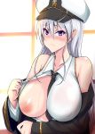 1girl 1girl 1girl azur_lane big_breasts black_coat black_neckwear breasts coat day enterprise_(azur_lane) grey_hair hat high_resolution jiseki military_hat nipples no_bra open_clothes open_coat peaked_cap purple_eyes shirt sleeveless sleeveless_shirt upper_body white_headwear window