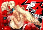 ann_takamaki blonde_hair blue_eyes blue_nails feet feet_pads feet_up fishnet fishnet_legwear fishnet_stockings foot foot_fetish headphones headphones_around_neck legs legs_crossed nails persona_5 ponytails red_shirt red_shoes rings shoes shoes_removed