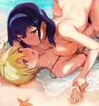 2girls beach blonde_hair blue_hair breast breast_press girl_on_bottom girl_on_top konbu_wakame orange_eyes original purple_eyes starfish topless water wet yuri