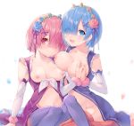  1girl 2_girls big_breasts blue_eyes blue_flower blue_hair blue_legwear blue_ribbon blue_rose blush breasts clavicle detached_sleeves eikaa female_focus flower hair_flower hair_ornament hair_over_one_eye hair_ribbon looking_at_viewer maid maid_headdress matching_hair_and_eye_color medium_breasts multiple_girls navel nipples open_mouth pink_eyes pink_flower pink_hair pink_legwear pink_rose purple_ribbon ram_(re:zero) re:zero_kara_hajimeru_isekai_seikatsu rem_(re:zero) ribbon rose short_hair siblings simple_background sisters small_breasts smile stockings twins white_background x_hair_ornament 