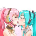 2_girls blue_hair french_kiss french_kiss kissing kissing long_hair megurine_luka miku_hatsune pink_hair saliva tongue tongue_out yuri