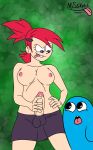 1boy 1futa ahoge areola big_breasts bloo cartoon_network clothing foster's_home_for_imaginary_friends frankie_foster futanari futanari_with_male intersex mssketch penis_awe red_hair skirt