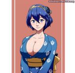 1girl alternate_hairstyle blue_eyes blue_hair breasts cleavage fire_emblem fire_emblem:_awakening flower huge_breasts japanese_clothes kimono looking_at_viewer lucina_(fire_emblem) nintendo no_bra short_hair smile ydbunny