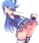 1girl 1girl 1girl aqua_(konosuba) armpit_peek arms_behind_back ass back bare_shoulders bent_over blue_dress blue_eyes blue_hair blue_skirt blush cowboy_shot detached_sleeves dress female_only from_behind hair_ornament implied_nopan impossible_clothes impossible_shirt interlocked_fingers kono_subarashii_sekai_ni_shukufuku_wo! leaning_forward long_hair looking_back nopan shirt simple_background skin_tight skirt slender_waist stockings stretch tam-u u-ichi very_long_hair water_drop white_background