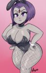 1girl artist_name big_breasts bmayyneart bob_cut breasts bunny_costume bunny_ears bunny_girl bunnysuit choker cleavage clothing curvy dc_comics eyeshadow female_only fishnet_pantyhose goth pale-skinned_female pale_skin purple_eyes purple_hair raven_(dc) teen_titans thick_thighs thighs voluptuous wrist_cuffs