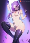 1girl 1girl 1girl bangs bracelet breasts choker double_bun fingerless_gloves gloves grin headpiece jewelry k/da_(league_of_legends) k/da_kai'sa kai'sa league_of_legends long_hair looking_at_viewer nanoless navel nipples nude parted_bangs pole_dancing purple_eyes purple_gloves purple_hair purple_legwear smile stockings