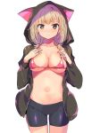 1girl bangs big_breasts bikini bikini_top blush breasts brown_eyes brown_hair clavicle cleavage closed_mouth cowboy_shot high_resolution hood hoodie konbu_wakame long_sleeves looking_at_viewer medium_breasts navel open_clothes open_shirt original red_bikini simple_background sketch smile spats standing swimsuit white_background