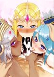 1boy 3girls blonde_hair blue_eyes blue_hair bowsey censored cia_(the_legend_of_zelda) cum cum_in_mouth cum_inside cum_on_tongue elf fellatio foursome hand_on_another's_head hand_on_head heart-shaped_pupils hyrule_warriors jewelry lana_(the_legend_of_zelda) nintendo ookuma_(nitroplus) pointy_ears pov pov_eye_contact princess_zelda purple_eyes the_legend_of_zelda third-party_edit tongue tongue_out triple_fellatio white_hair zelda_(hyrule_warriors) zelda_musou