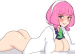 1girl ass blush breasts female female_human female_only human klara_(pokemon) looking_at_viewer lying lying_on_stomach mostly_nude no_bra no_panties pokemon pokemon_sword_&_shield solo white_background