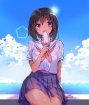 1girl arm_at_side backlighting blue_skirt blue_sky brown_hair cloud collarbone commentary_request cowboy_shot dark_skin day eyebrows eyebrows_visible_through_hair food holding holding_food horizon ice_cream konbu_wakame lens_flare looking_at_viewer melting neckerchief ocean open_mouth original pleated_skirt popsicle purple_eyes revision school_uniform see-through serafuku sitting skirt sky summer tan tareme thighs water wet wet_clothes