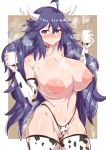  1_girl 1girl areola areola_slip big_breasts bikini blush breasts cow_print embarrassed erect_nipples female female_human female_only game_freak hex_maniac hex_maniac_(pokemon) horns lingerie long_hair looking_at_viewer milk nintendo nipples pantyhose pokemon purple_hair solo standing swimsuit underwear 