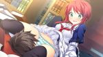 1boy 1girl black_legwear cameltoe cunnilingus_through_clothes dress_lift embarrassed game_cg girl_on_top green_eyes hair_between_eyes non-nude open_mouth red_hair school_uniform short_hair striped_panties underwear