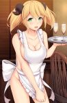 aletta_(isekai_shokudou) big_breasts blonde_hair daiaru embarrassed green_eyes hadaka_apron isekai_shokudou looking_at_viewer naked_apron no_bra no_panties open_mouth short_hair sideboob twin_tails waitress