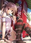 1girl brown_eyes brown_hair cat_ears ice_cream looking_at_viewer miniskirt neck_tie non-nude original outside pantyshot_(sitting) sky striped_thighhighs suien sweet underwear