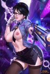 bayonetta bayonetta_(character) bayonetta_2 big_breasts breasts earrings exlic glasses gloves gun handcuffs looking_at_viewer miniskirt mole_under_mouth necktie open_shirt police_uniform stockings