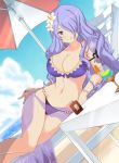  1girl :p alluring beach bikini bowsey breasts camilla_(fire_emblem) female female_only fire_emblem fire_emblem_fates high_res high_resolution long_hair navel purple_eyes purple_hair swimsuit third-party_edit tongue tongue_out umbrella water 