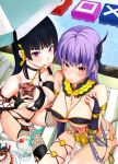 2girls alluring ayane ayane_(doa) beach black_hair bowsey breasts cake dead_or_alive dead_or_alive_5 dead_or_alive_5_last_round dead_or_alive_xtreme_3_fortune drink drinking food high_resolution highres jewelry looking_at_viewer navel nyotengu purple_eyes purple_hair red_eyes saeki_shun third-party_edit water